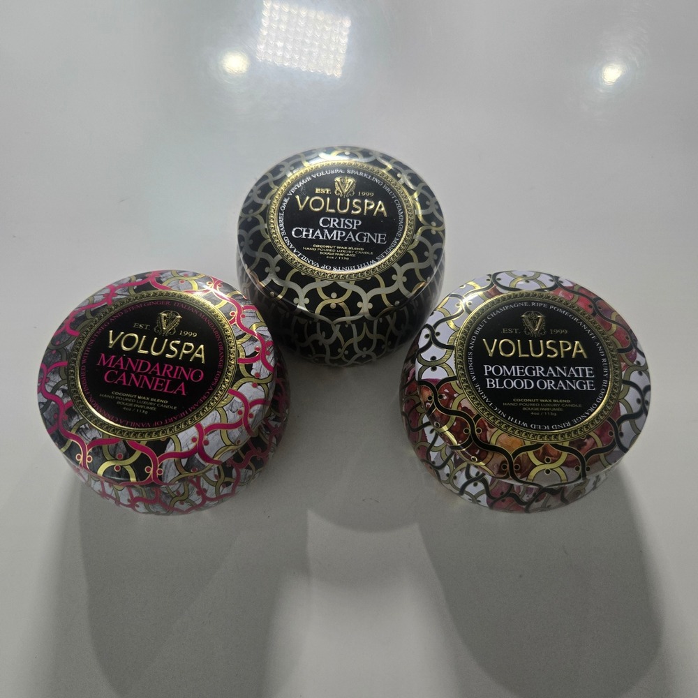 Voluspa Mini Tin Candle Set 3 Mandarino Cannella Crisp Champagne 4oz New